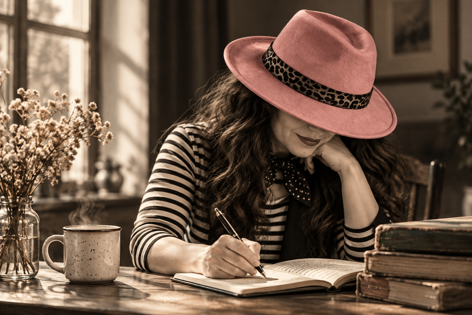 A writer in a dusty-pink hat writing in a notebook beside a sunlit window